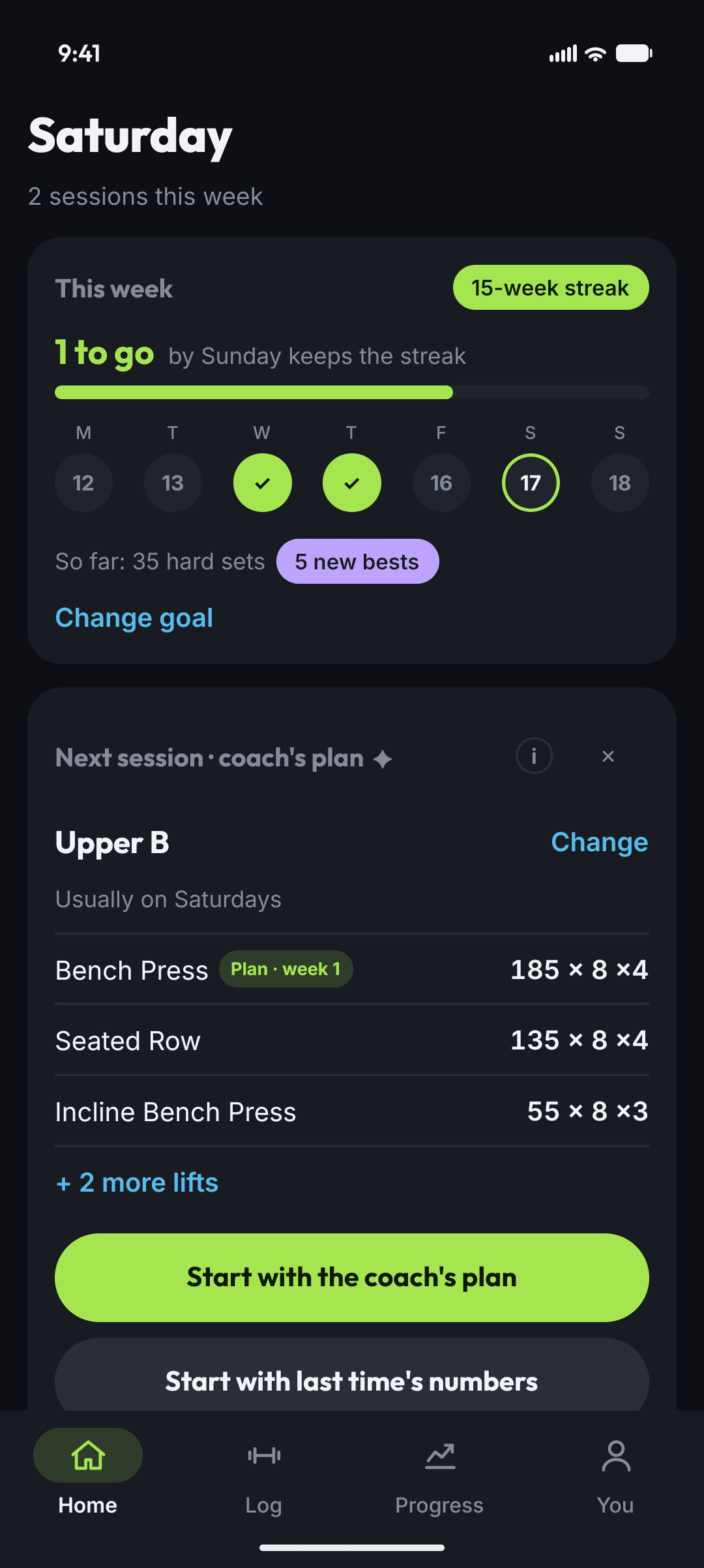 Swolver's Home: a 15-week streak with one session to go this week, then the coach's plan for the next session, Upper B, with Bench Press at 185 x 8 for four sets in week 1 of its plan
