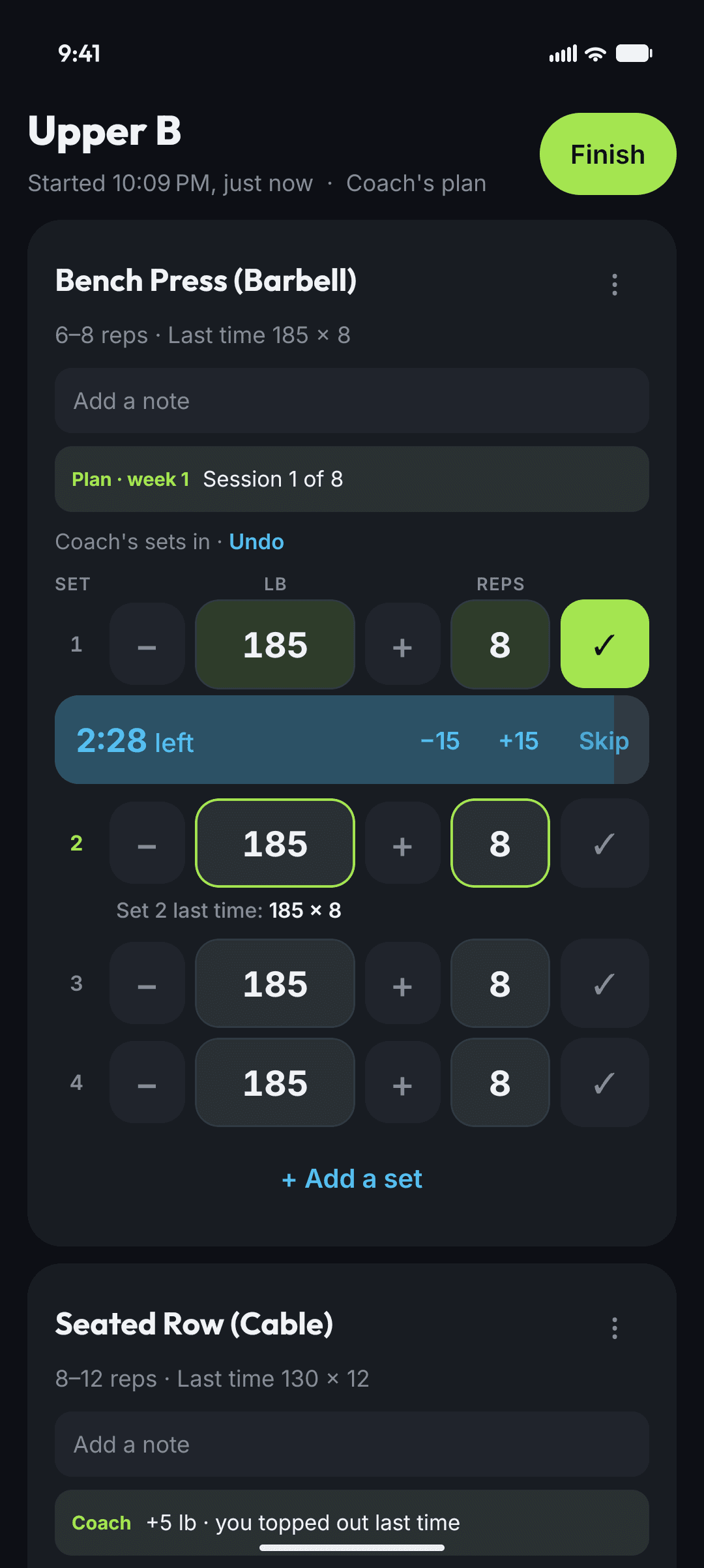 Swolver's workout logger on Upper B: Bench Press at 185 x 8, set one checked off, a rest timer counting down, and session 1 of 8 of its plan